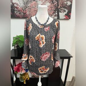 Loft Women Blouse Tunic Petite Size MP Floral Round Neck Ruffle Sleeve Polyester
